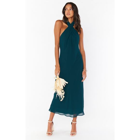Show Me Your Mumu Jasmine Halter Midi Dress in Emerald Chiffon M - Picture 2 of 7